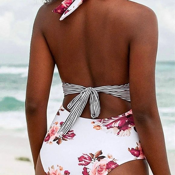 Women's One Piece Swimsuit Halter Tie Back Floral Print Beachwear - Picture 7 of 7